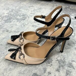 Napoleoni Italy Patent Pointed Toe Tassel Heels Preppy Office Beige Black Sz 36